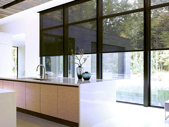 Solar shades in a kitchen with a garden view